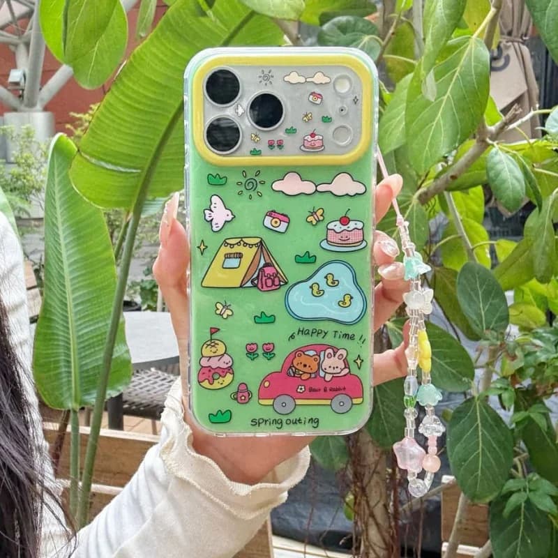Funny Spring Cute Rabbit Flower Phone Case For iPhone 17 Pro 16 15 Pro Max Protective Cover with Chain Strap Cartoon Cases For 1