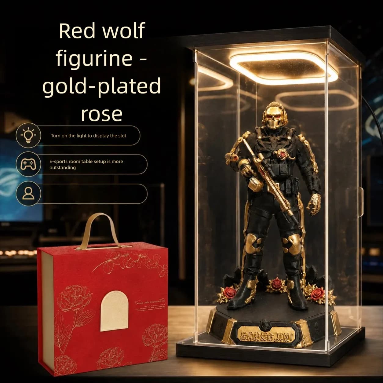 Delta Operation Red Wolf Figurine with Gold-Etched Rose LED Lights 3D-Printed for Gaming Desk Decor Birthday Gift