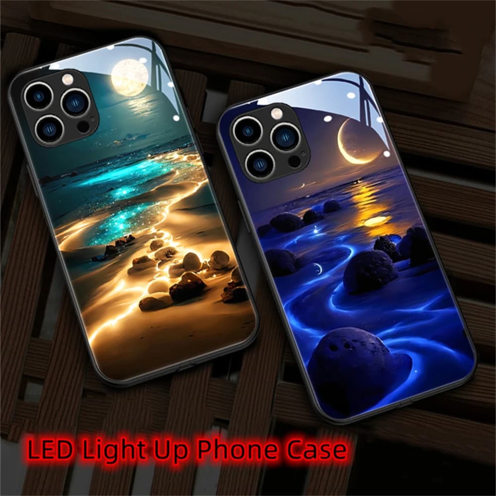 Luminous Beach Smart LED Light Glow Tempered Glass Phone Case For XiaoMi 15 14 13 12 11 Pro Ultra Poco F3 F4 F5