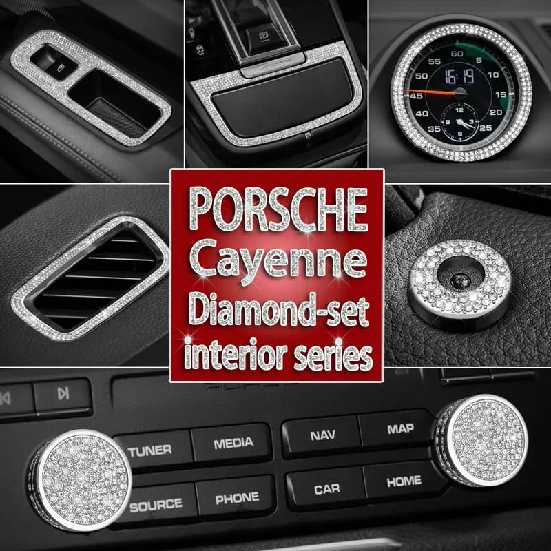 Steering Wheel Emblem Upgrade,Metal Rhinestone Decals for Cayenne 2011‑2024,  Air Vent & One‑Touch Start Button Decor Stickers