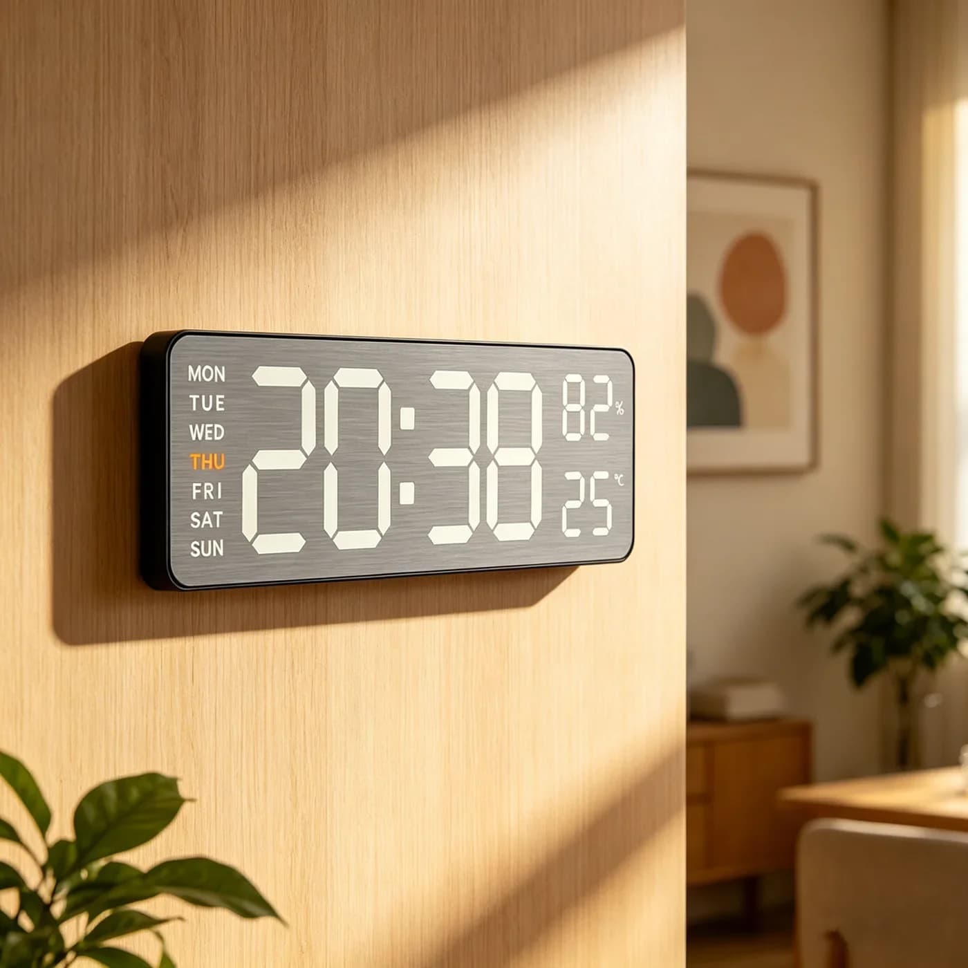 Large Digital Wall Clock with Dimmable Display - Calendar Alarm Clock with Temperature, Humidity & Week Date for Home & Office