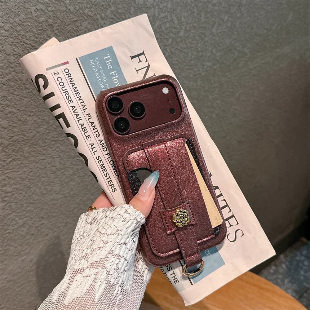Vintage Luxury Camellia Card Slot Hand Strap Phone Case for iPhone 18 17 Pro Max 16 15 14 13 Shimmer Silk Grain Protection Cover