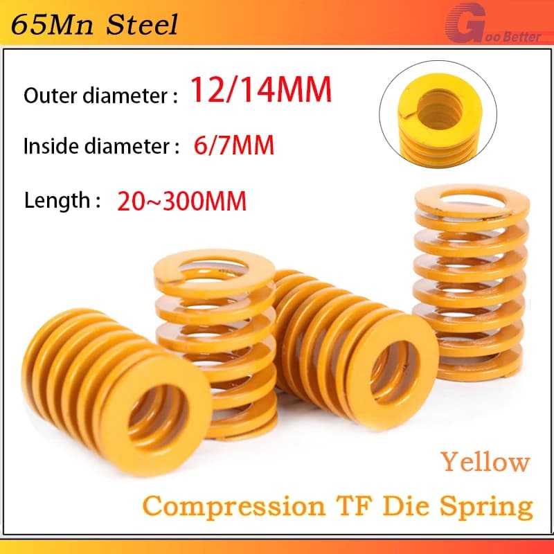 Yellow Small Light Load Die Mold Springs Spiral Stamping Compression Spring 65Mn Die Spring OD: 12/14mm ID:6/7mm Length:20~300mm