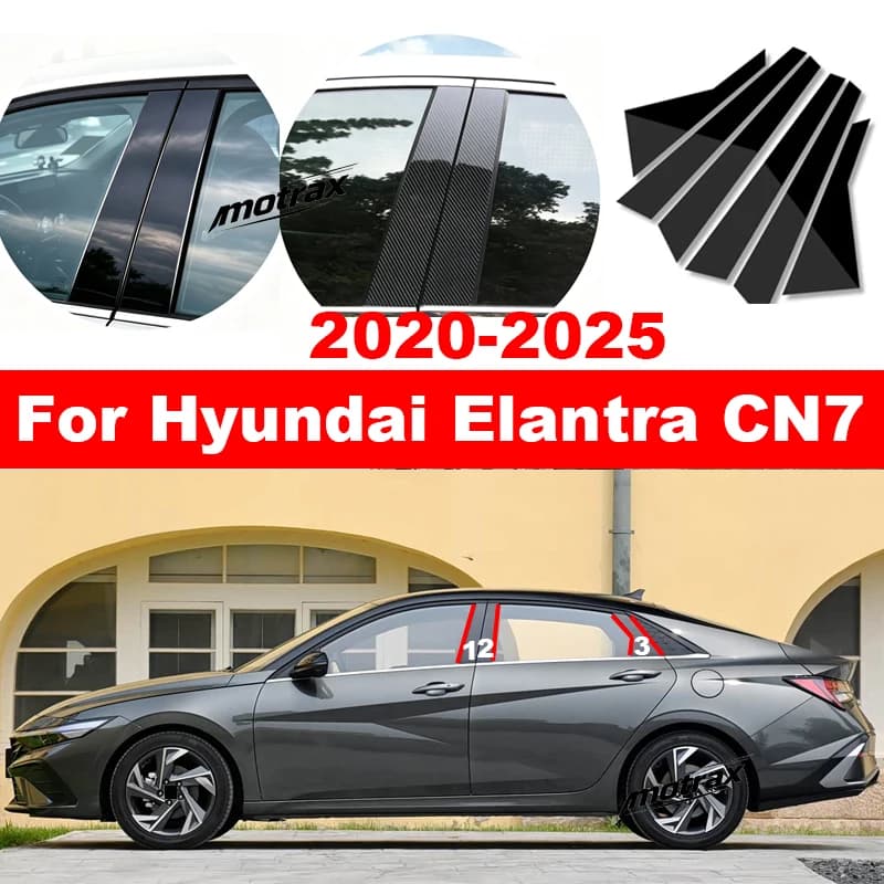 PC Glossy Black Center Pillar Decorative Stickers for Window Trim for Hyundai Elantra CN7 2020-2025 Exterior Accessories