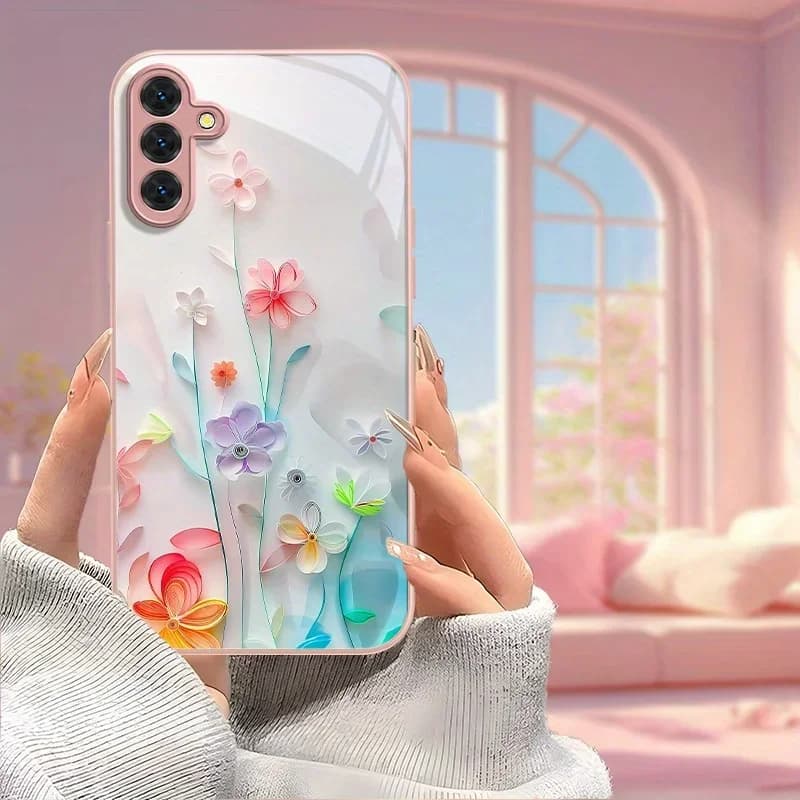 Hard Glass Flowers Case For Samsung S26 S25 Ultra S24 S23 Plus S21 FE S22 A73 A56 5G A55 A54 A36 A53 A52S A17 A34 A51 Case Cover