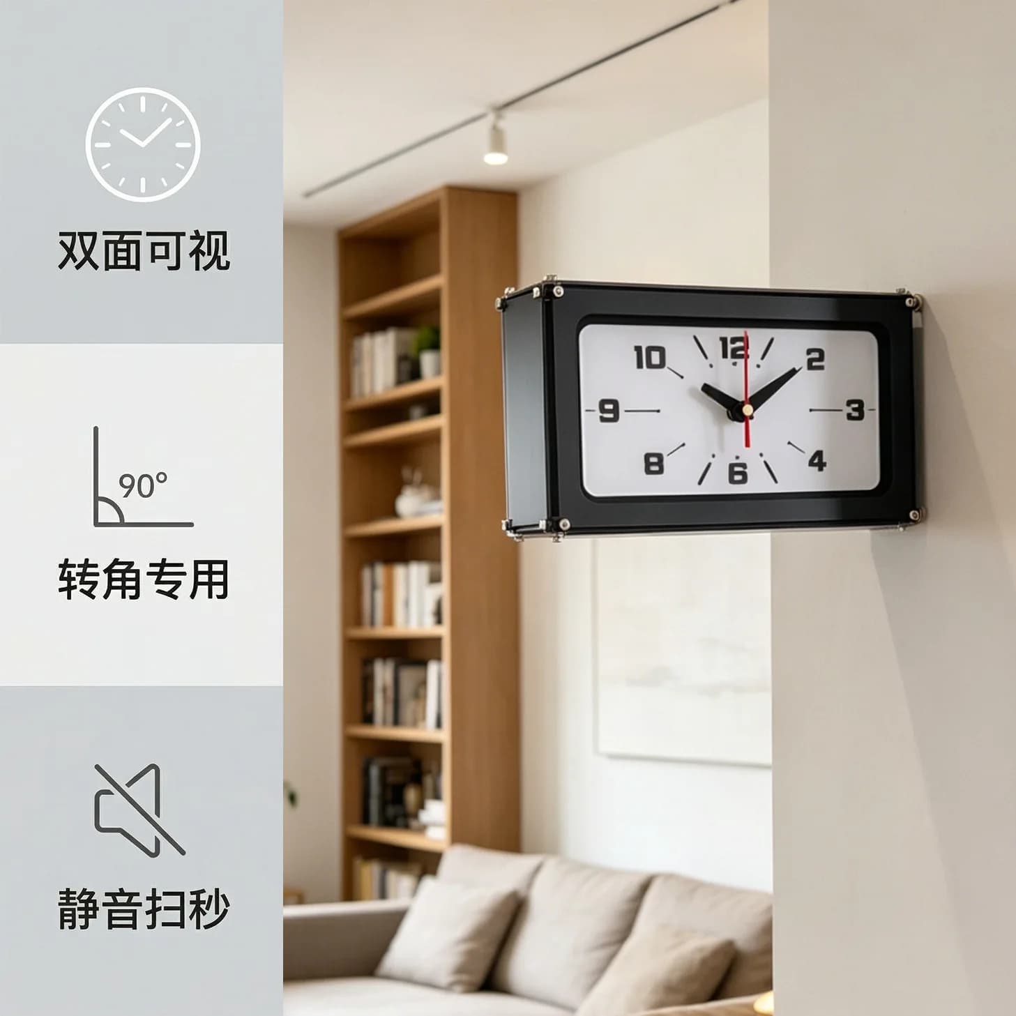 Acrylic small rectangular black double-sided wall clock for living room, simple and elegant design