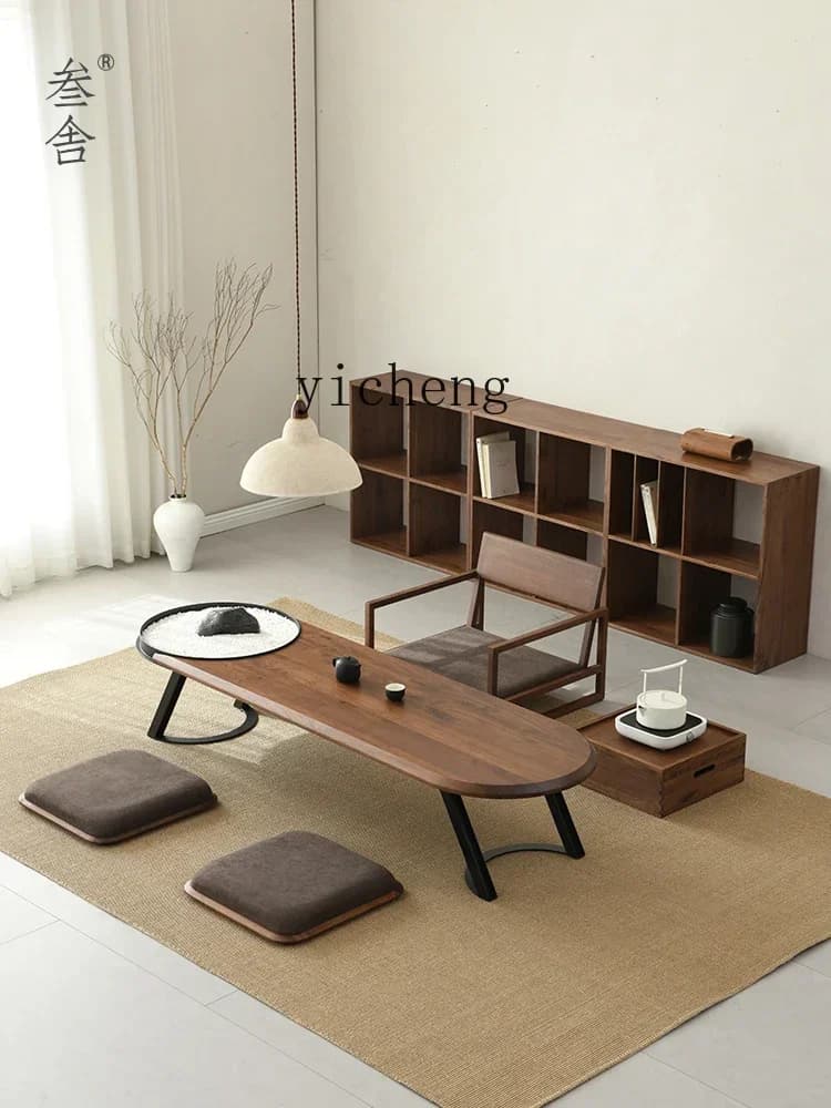 v9.10-Black Walnut Solid Wood Tea Table Modern Minimalist Tatami Furniture Zen Short Tea Table
