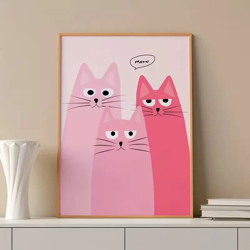 Cute Pink Cat Murals, Room Decorations, College-style Prints, Modern and Simple Cat Family Canvas Posters for Home Decoration
