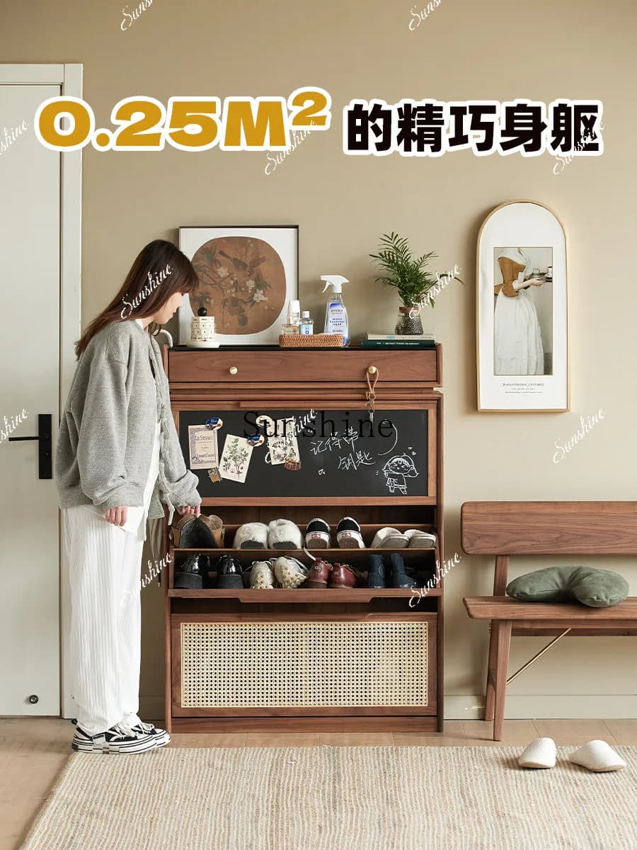 Medieval black walnut shoe cabinet, ultra-thin tipping bucket rattan porch at home door, simple and modern shoe change  FT