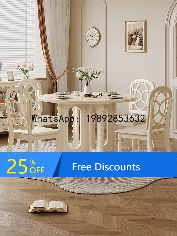 YFY French Cream Style Solid Wood Round Dining Table and  Set for Small  , Simple White Dining Table for Home Use