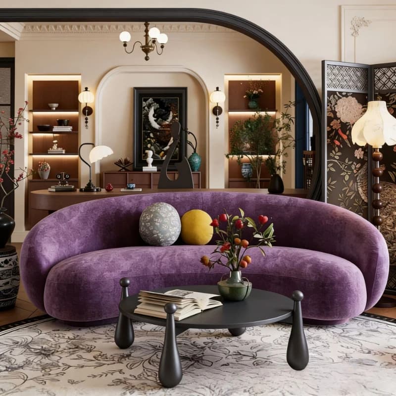 Retro purple fabric sofa small apartment living room arc sofa