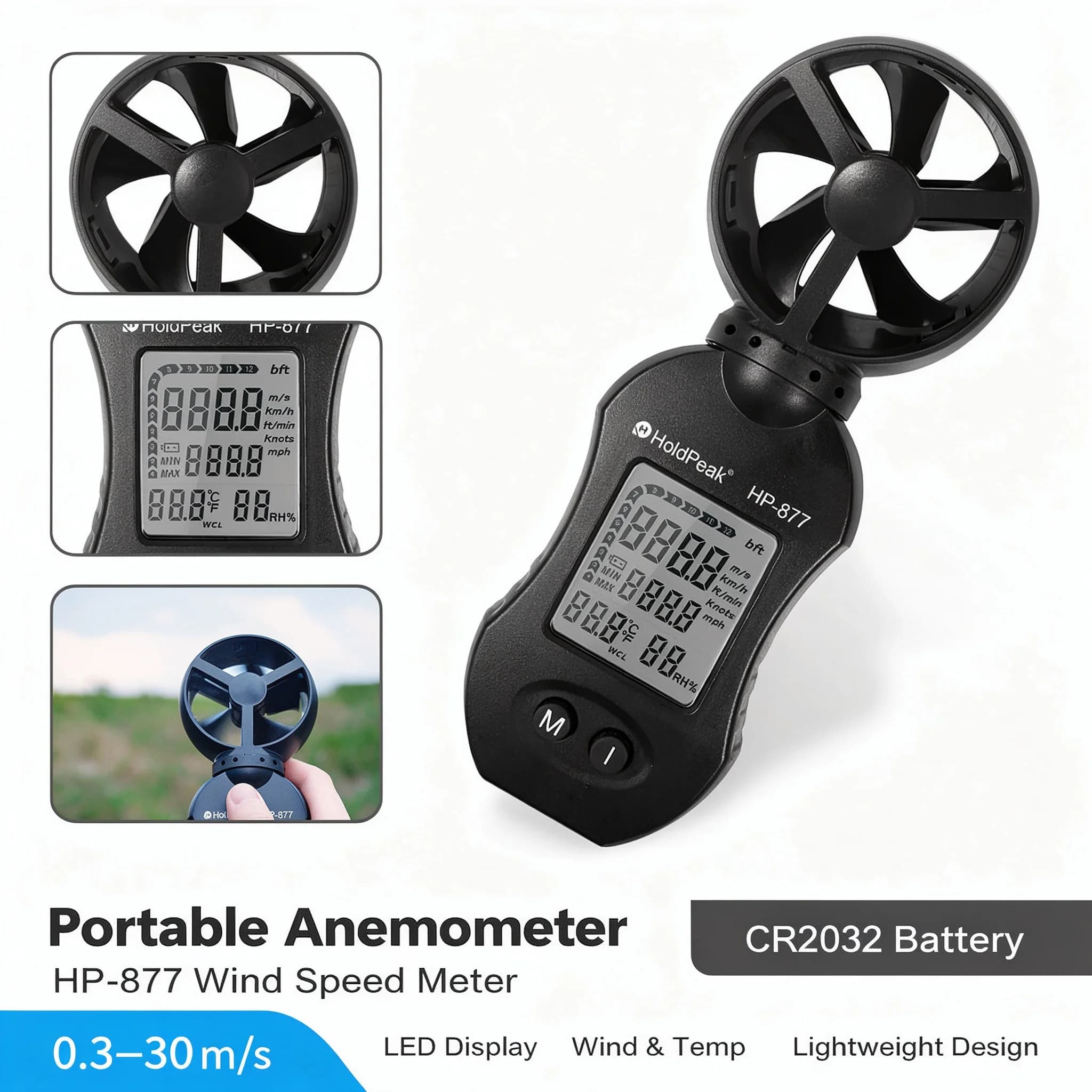 Mini Digital Anemometer Wind Speed Meter Temp Humidity Tester 5 Units Max/Min with Tripod Hole for Drone Flying Sailing HVAC