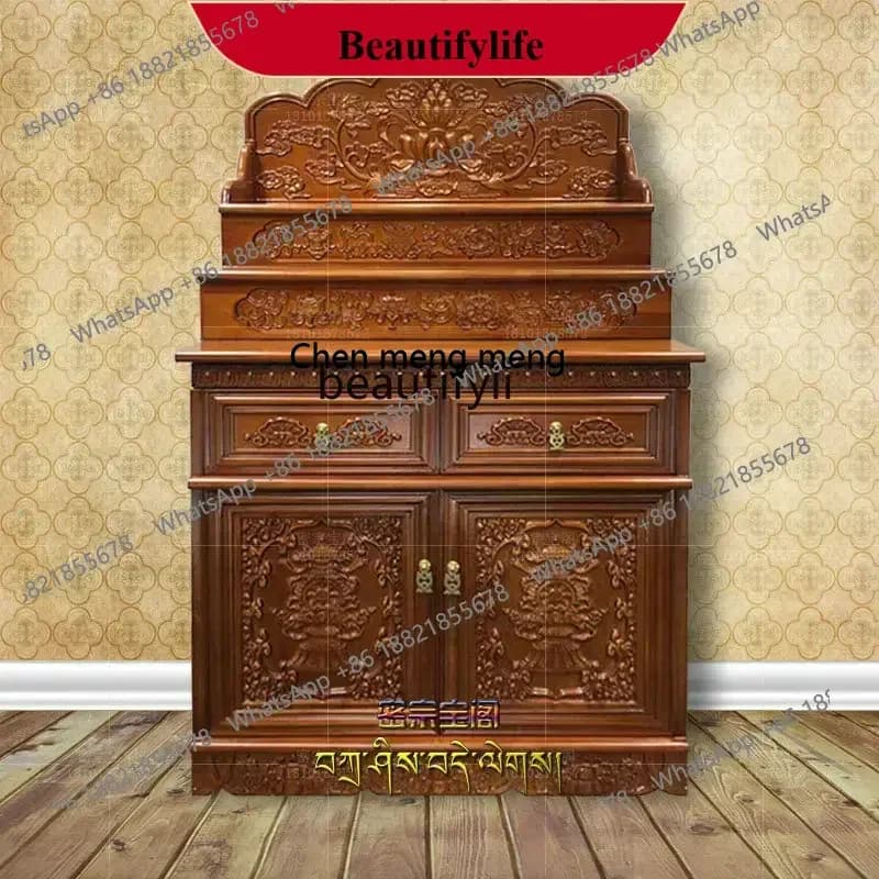 z183  Tibetan altar three-layer solid wood platform Buddha statues worship the platform house carved lotus eight auspicious