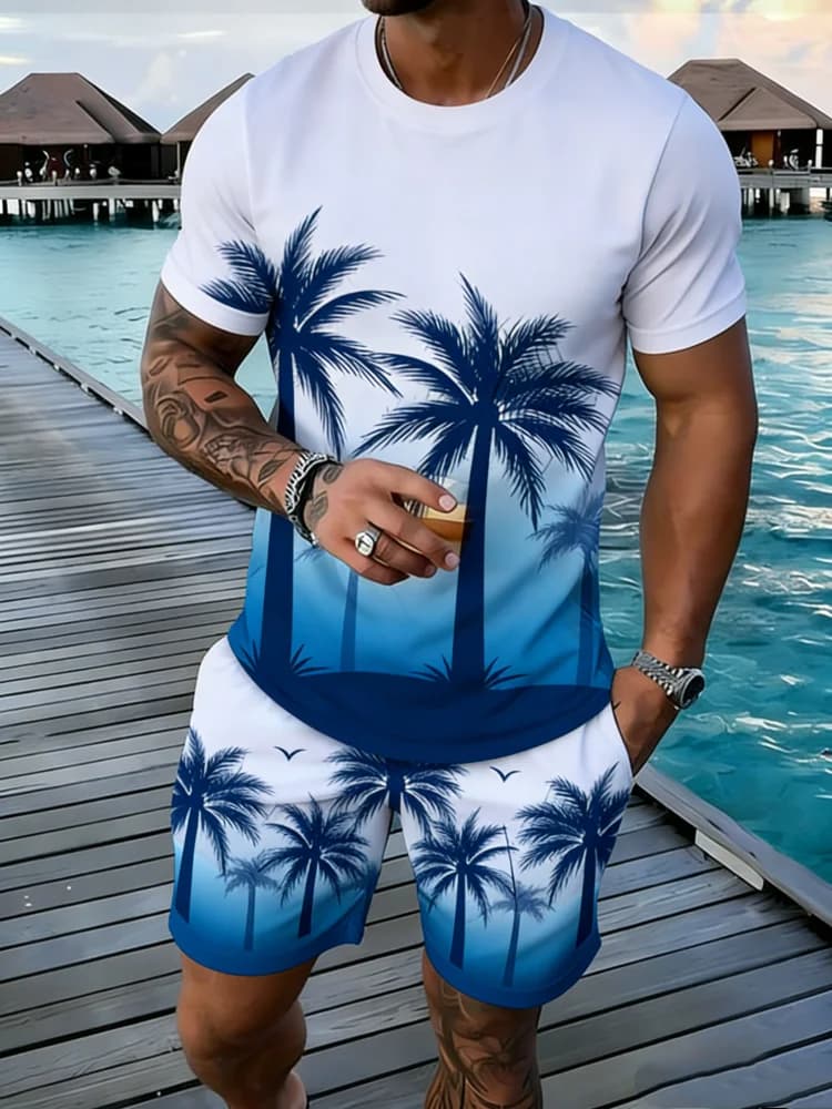 Popular Coconut Tree Printed T-shirt Sets Hawaii Style Tee Shorts Outfits Summer Vacation Two-piece Sets Hot Sell Men's Clothing