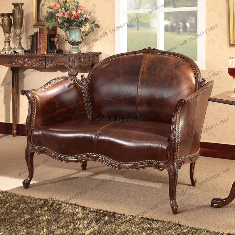 12American Simple Double Sofa Chair Genuine Leather Home Living Room Bedroom Leisure Chair