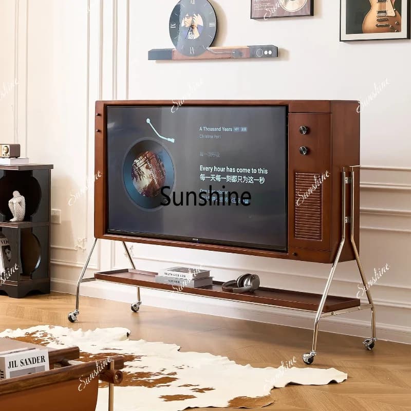 8Retro premium solid wood mobile TV cabinet with roller storage medieval bracket cabinet floor-to-ceiling small apartment