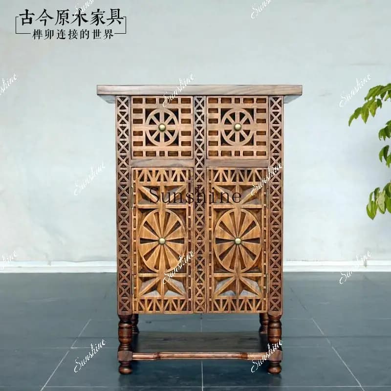 Solid wood small shoe cabinet Log CB233-13 Thai carved decorative entrance cabinet  FT
