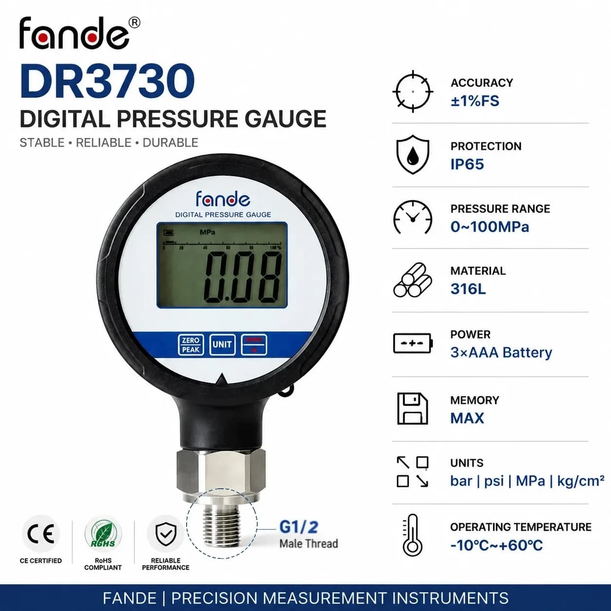 G1/2 Pressure Meter ±1% Accuracy DR3730 with LCD Backlight IP65 Peak Hold 4 Units 3X AAA Battery Powered for Hydraulic Water Air