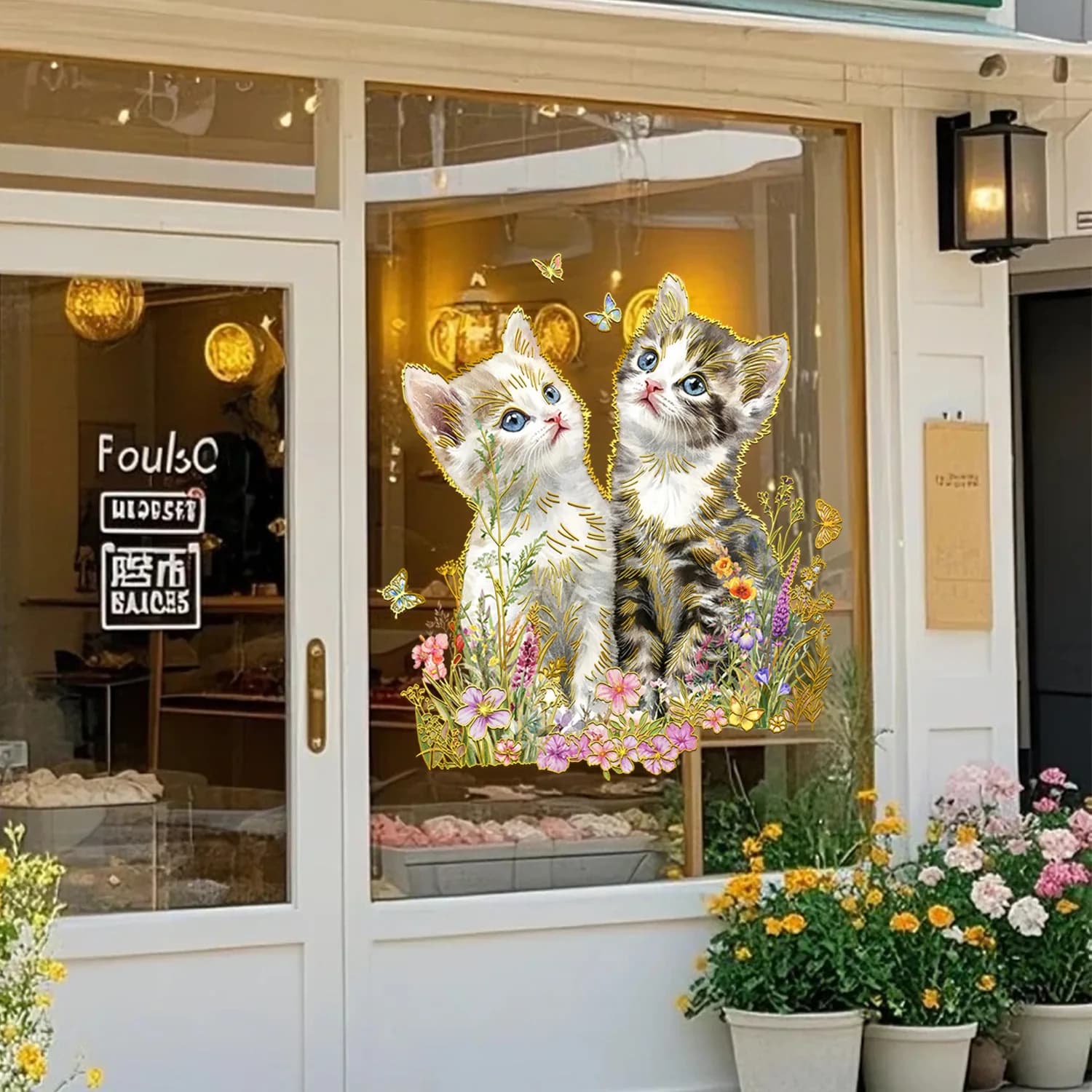 Gold Foil Cat & Floral Window Clings - Double-Sided Kitty Stickers for Whimsical Home & Shop Decor