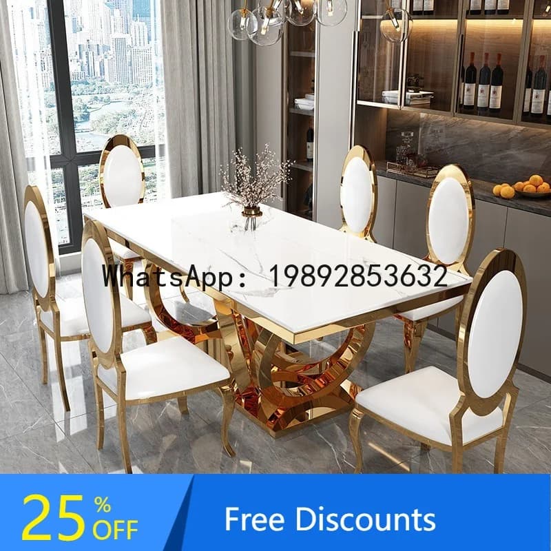 CZ Italian Style Marble Dining Table and Chair Set Rectangular  Apartment Postmodern Minimalist Stainless Steel Dining Table