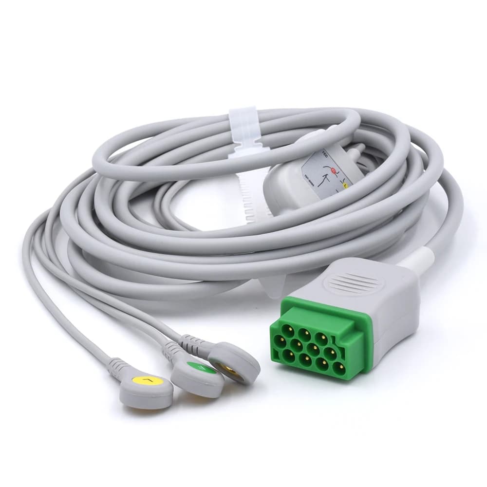 Compatible GE Dashs 1000/2000/2500 3 Lead Snap ECG Cable Direct Connection IEC Standard