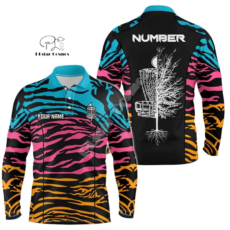Custom Name Disc Golf Player Camo Flame Graffiti Tattoo Retro 3DPrint Summer Casual Harajuku Long Sleeves Polo Jersey Shirts X1