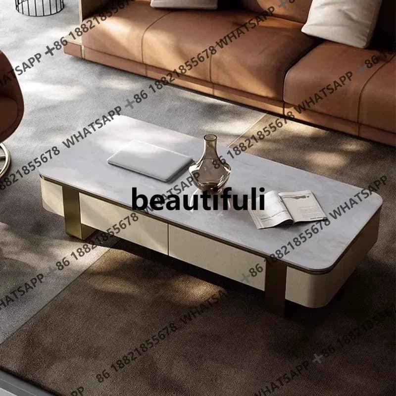 Z136Saddle leather Italian light luxury high-end living room simple modern high-end marble rectangular coffee table
