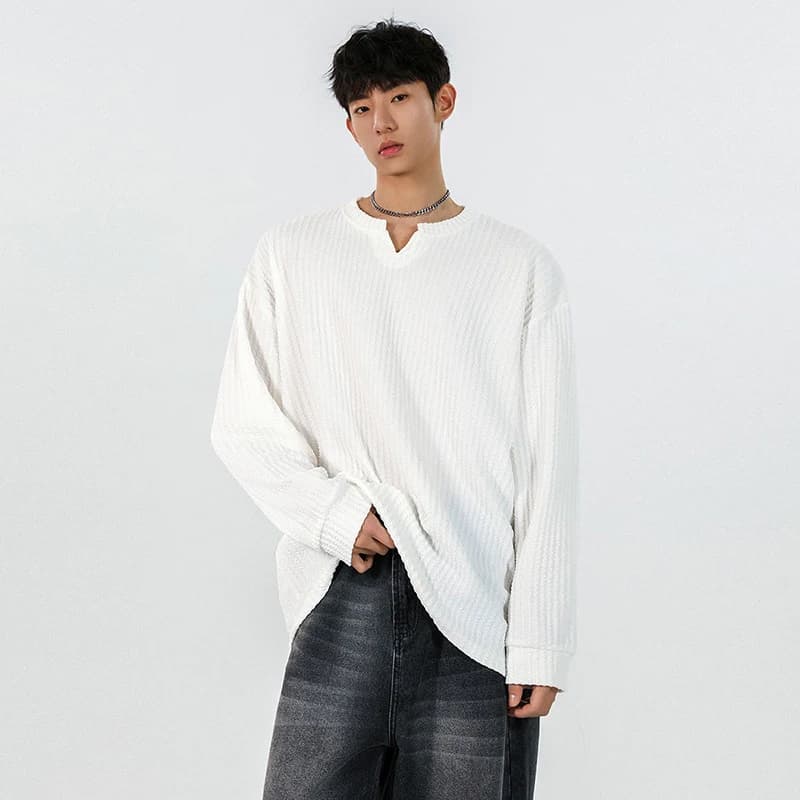 Men's American Texture V-neck Henley Long Sleeve T-shirt Loose Oversized Pleated Basic Tee Streetwear Autumn Casual Inner Top