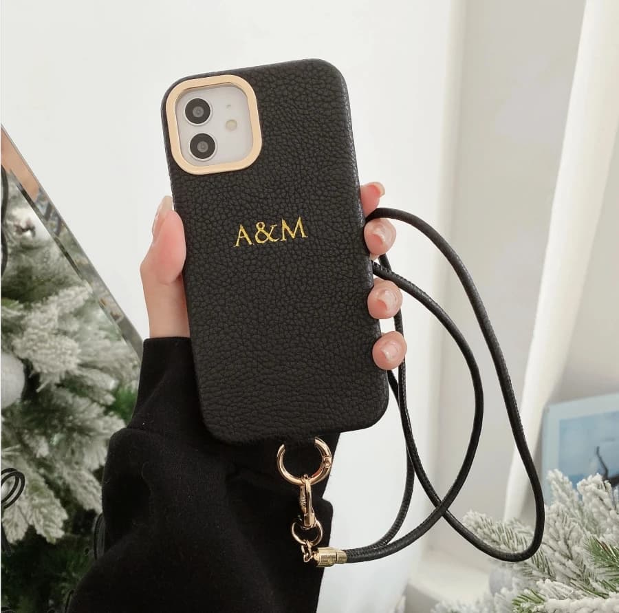Customized engraved name letter Leather Phone Case for iPhone18ProMax 17 16 15 14 13 12 Protective Crossbody Lanyard Phone Case