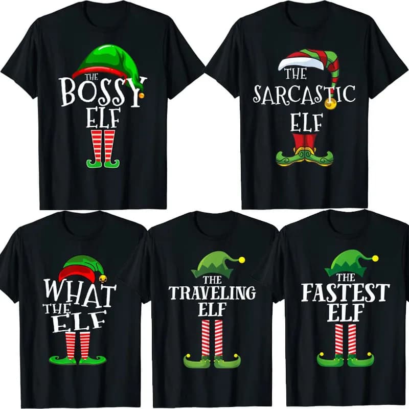 What The Elf Matching Family Pajama Top Christmas Gift T-Shirt The Bossy-Elf,Fastest-Elf,Traveling-Elf, Sarcastic-Elf Xmas Tees