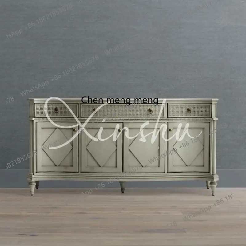 E182 French rattan dining side cabinet small apartment solid wood locker living room tea cabinet storage