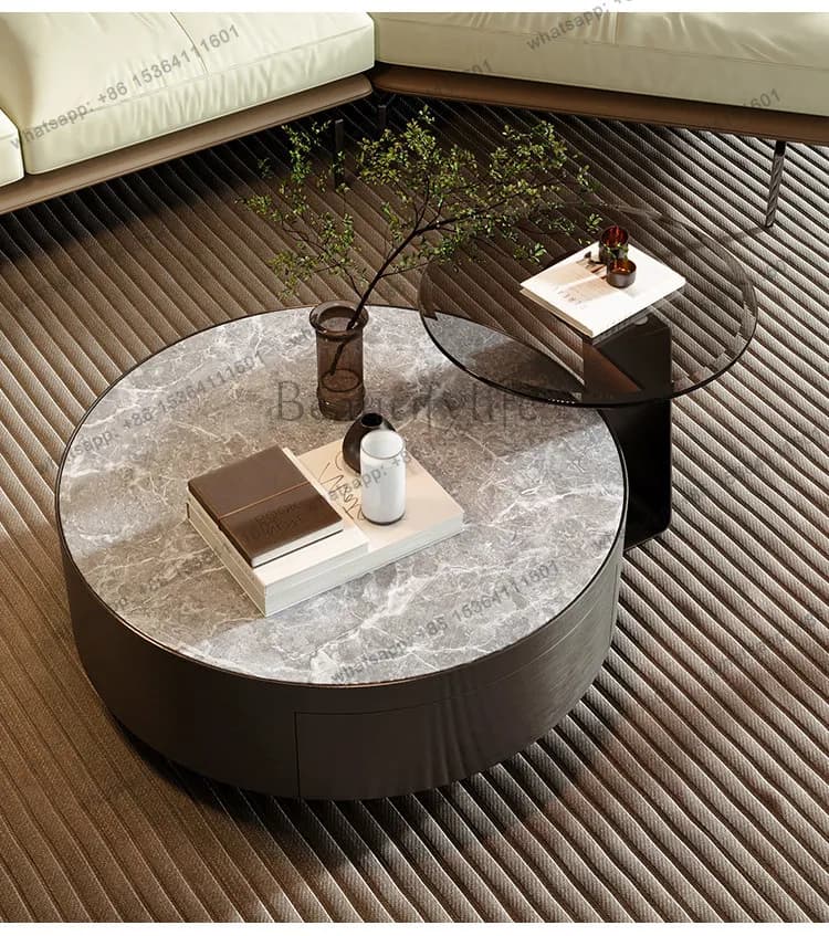 YJ light luxury stainless steel round rock slab coffee table small apartment living room home designer coffee table with drawers