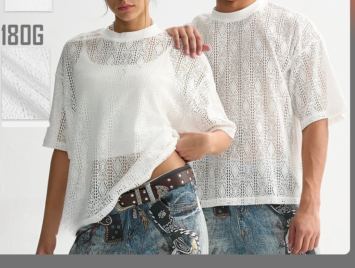 2026 Summer New Men's Lace Mesh Short Sleeve Loose Casual Perspective Men's Crew Neck T-Shirt