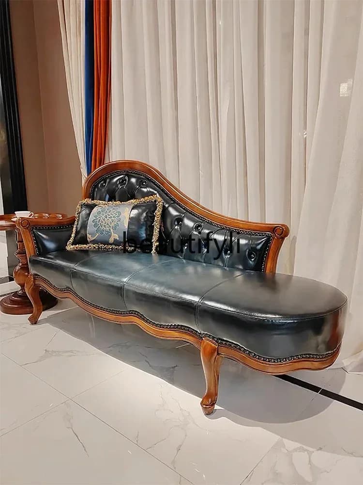 LXAmerican solid wood carving flower first layer cowhide lazy sofa stool shoe change stool beauty couchSSS