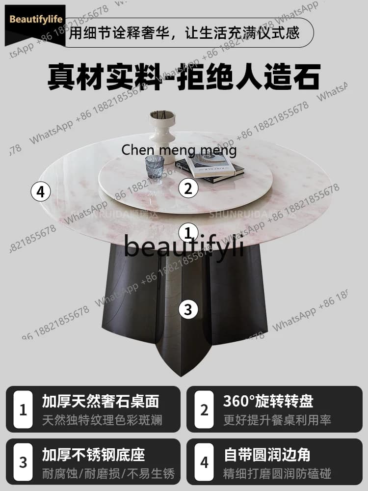 GG Imported Pink Diamond Luxury Stone Dining Table Rose Round Natural Marble Dining Table and Chair Set