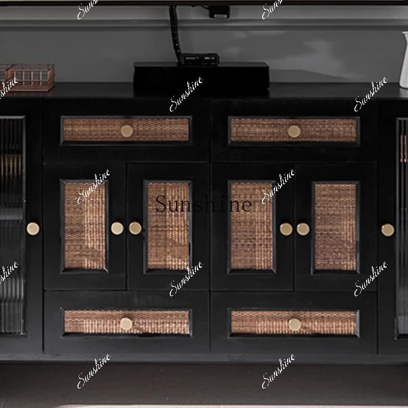 French retro solid wood dining side cabinet rattan glass locker  FT