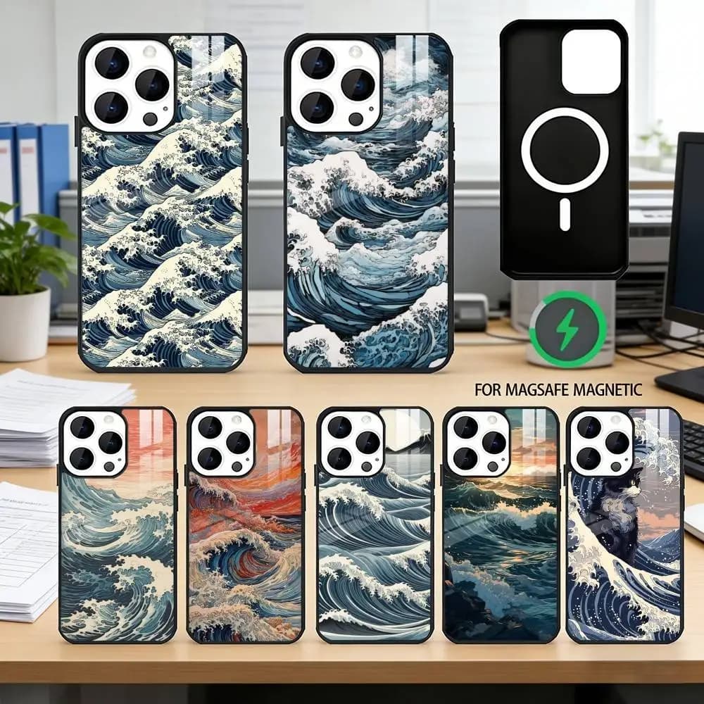 Ukiyo-e O-ocean W-Waves Phone Case For iPhone17,16,15,14,13,12,11 Plus,Pro Magnetic with Magsafe Wireless Charging