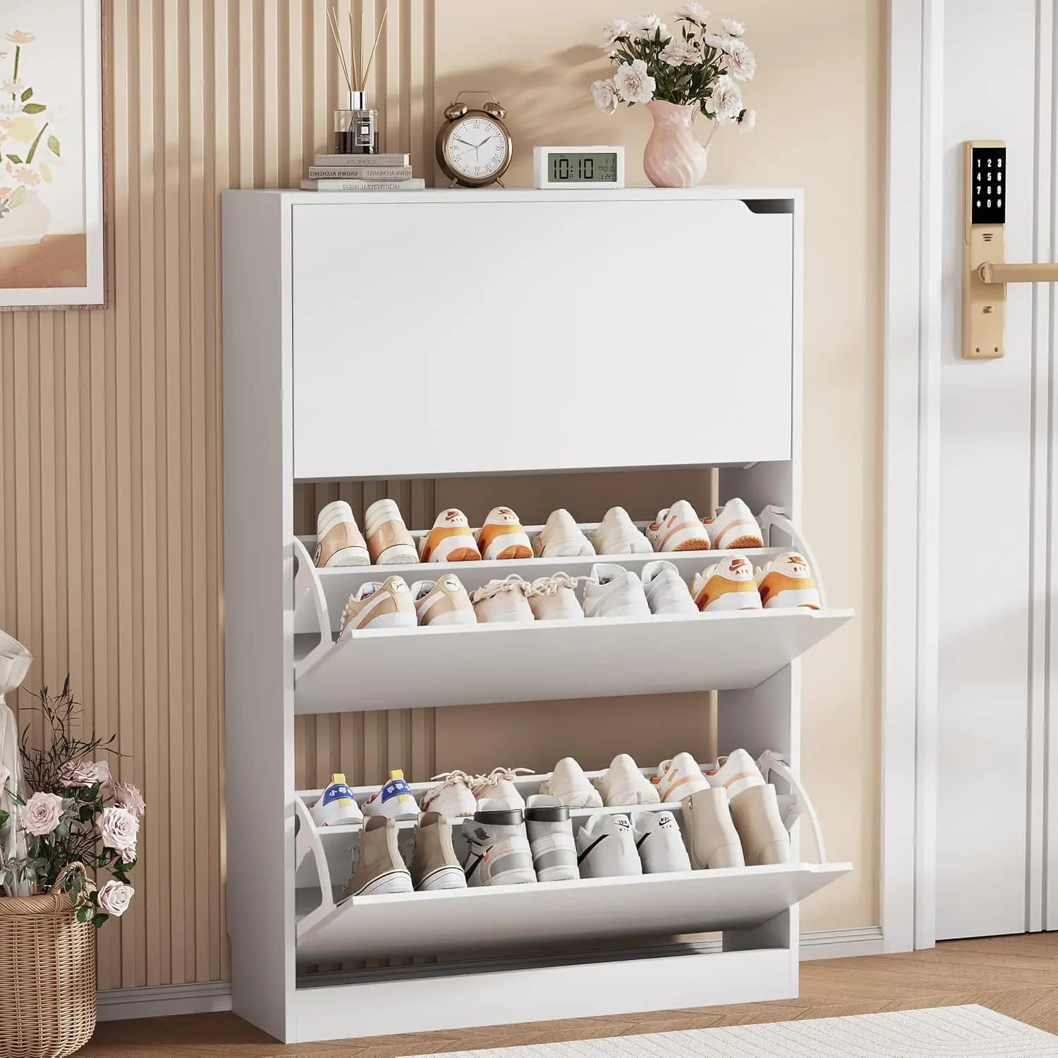 Shoe Storage Cabinet, Wood Shoe Organizer for Entryway with 3 Flip Drawers, Freestanding Shoes Rack with Adjustable, Customized