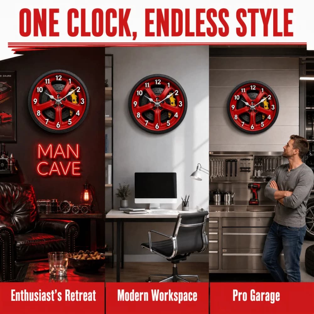 Motorcycle Style 2D Flat Wall Clock 20/25/30cm Silent 2D Car Wheel Hub Wall Clock Non-ticking Wall Decor Quartz Wall Clock Dorm