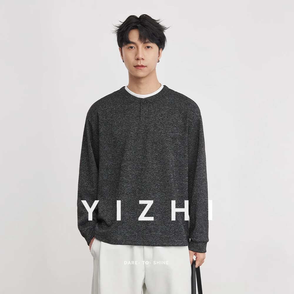 2026 New Spring Men's Single Button Fake Two-Piece T-Shirt Minimalist Henley Neck High-End Sense Drop Shoulder Casual Tops