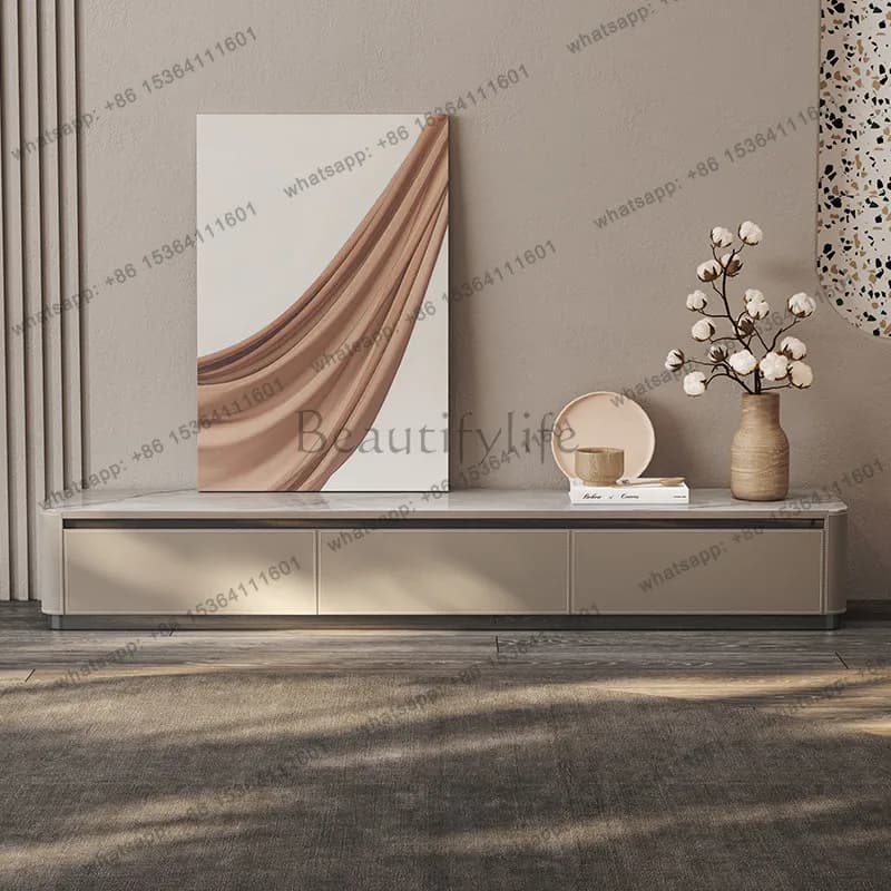 Italian saddle leather TV cabinet coffee table, modern simple solid wood floor cabinet slate