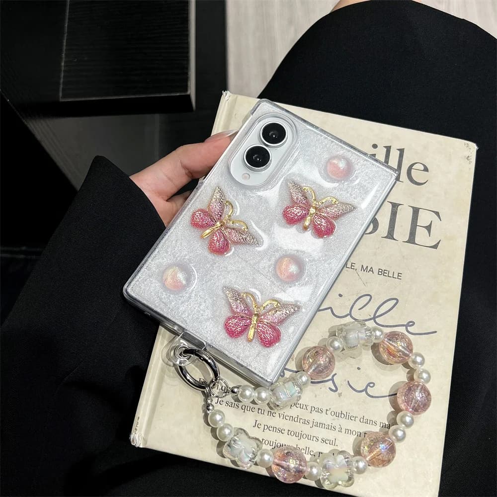 Korean Fashion flowers bowknot Phone case for Samsung Galaxy Z Fold 8 Fold 8 7 6 5 4 Cover With Chain Cute Shockproof Cover