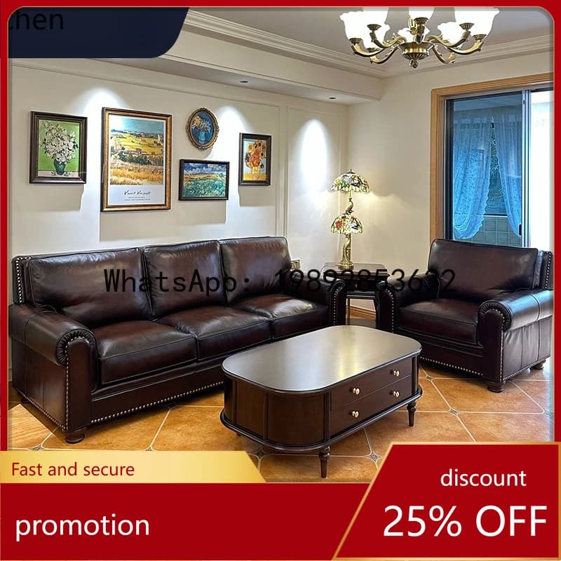 YFY American Style Genuine Leather Sofa Top Layer Cowhide Combination Sofa Vintage Living Room Simple Furniture