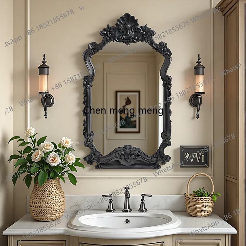 French vintage carved bathroom mirror washbasin makeup mirror American entrance fireplace decorative mirror customization