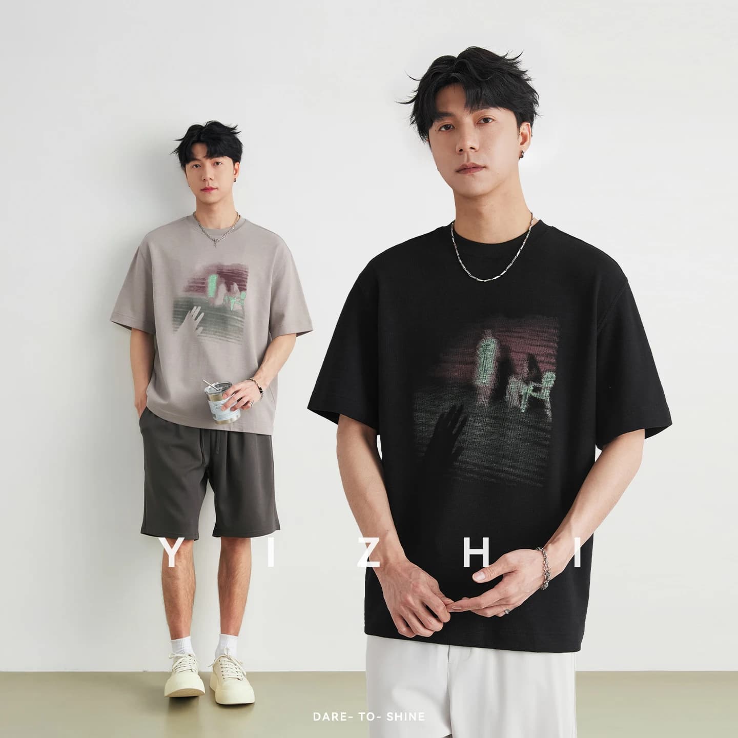 Men's 250g Heavyweight American Vintage Abstract Print T-shirt Summer Loose Skin-Friendly Breathable Commute Short Sleeve Tops