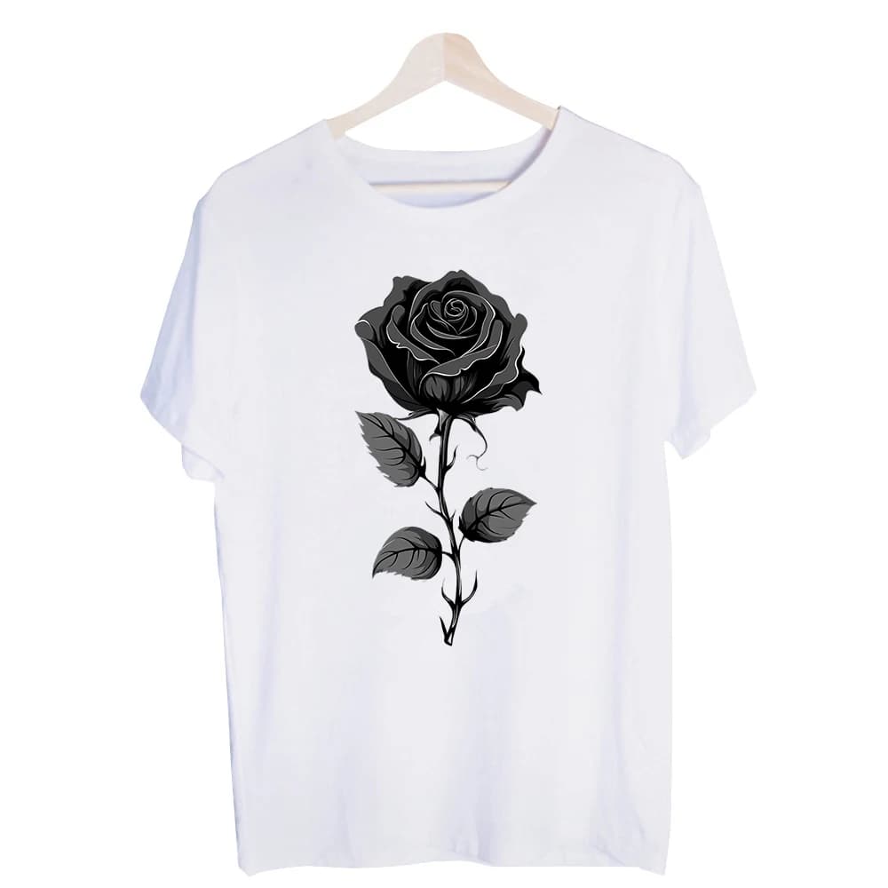 Men's Black Rose Graphic Tee, Short Sleeve Crew Neck T-Shirt for Casual Streetwear and Daily Outfits
