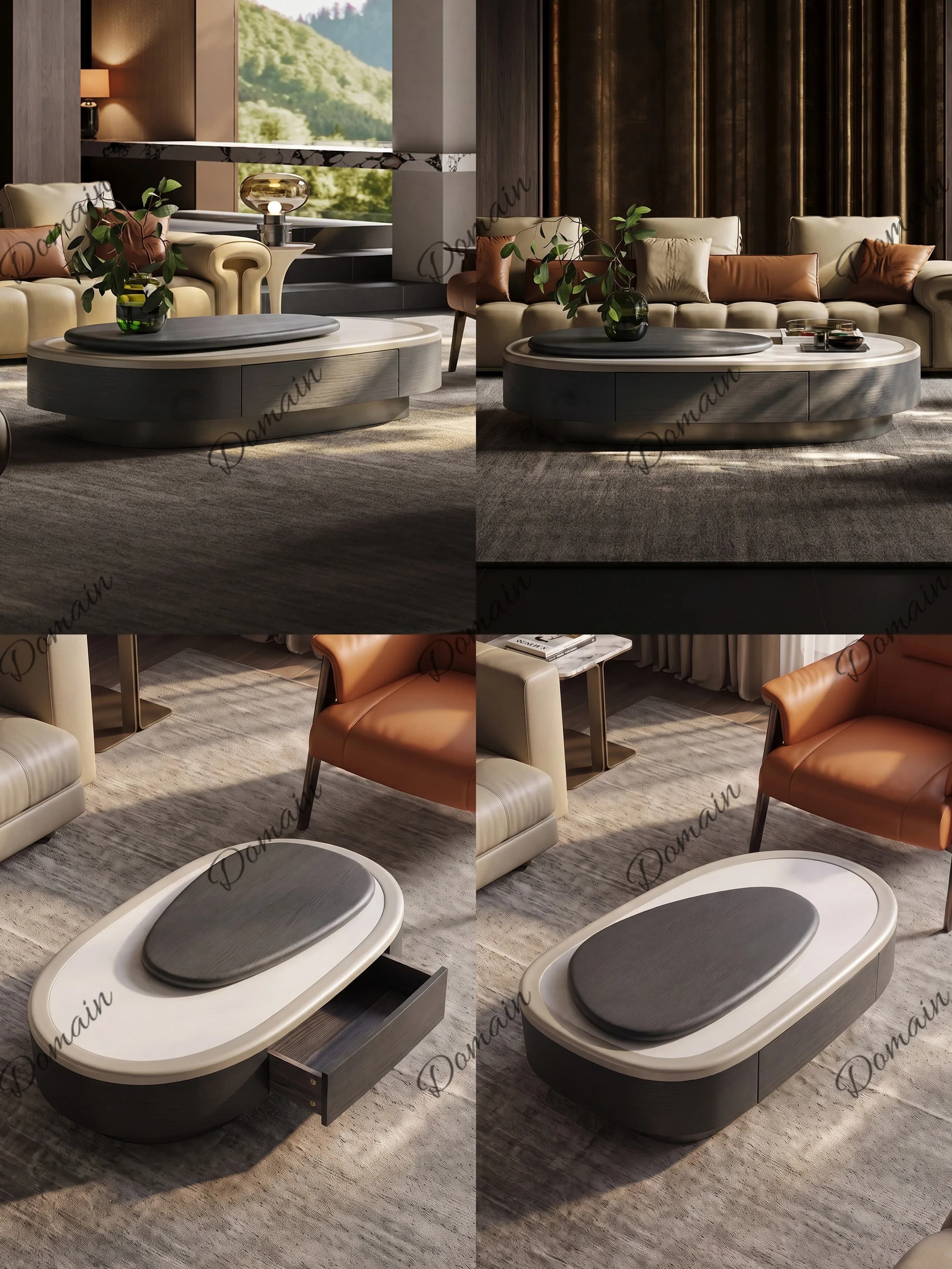 Natural White Crystal Gemstone Coffee Table Oval Italian Luxury Extendable Rotating Storage