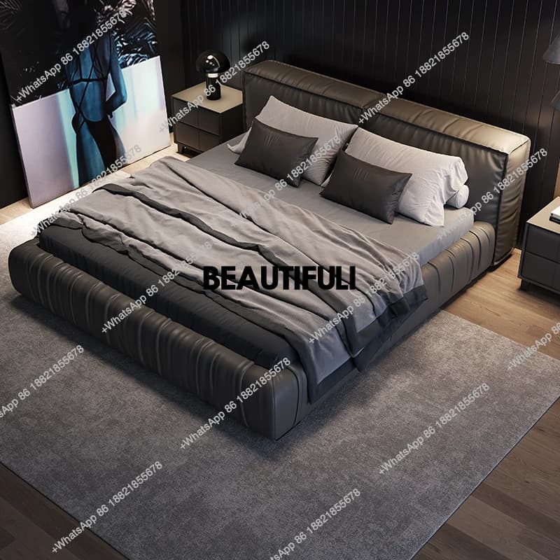 Black Leather Modern Double Bed Luxury Backrest High Adults Queen Double Bed Bedroom Frame Big Cama De Casal Home Furniture