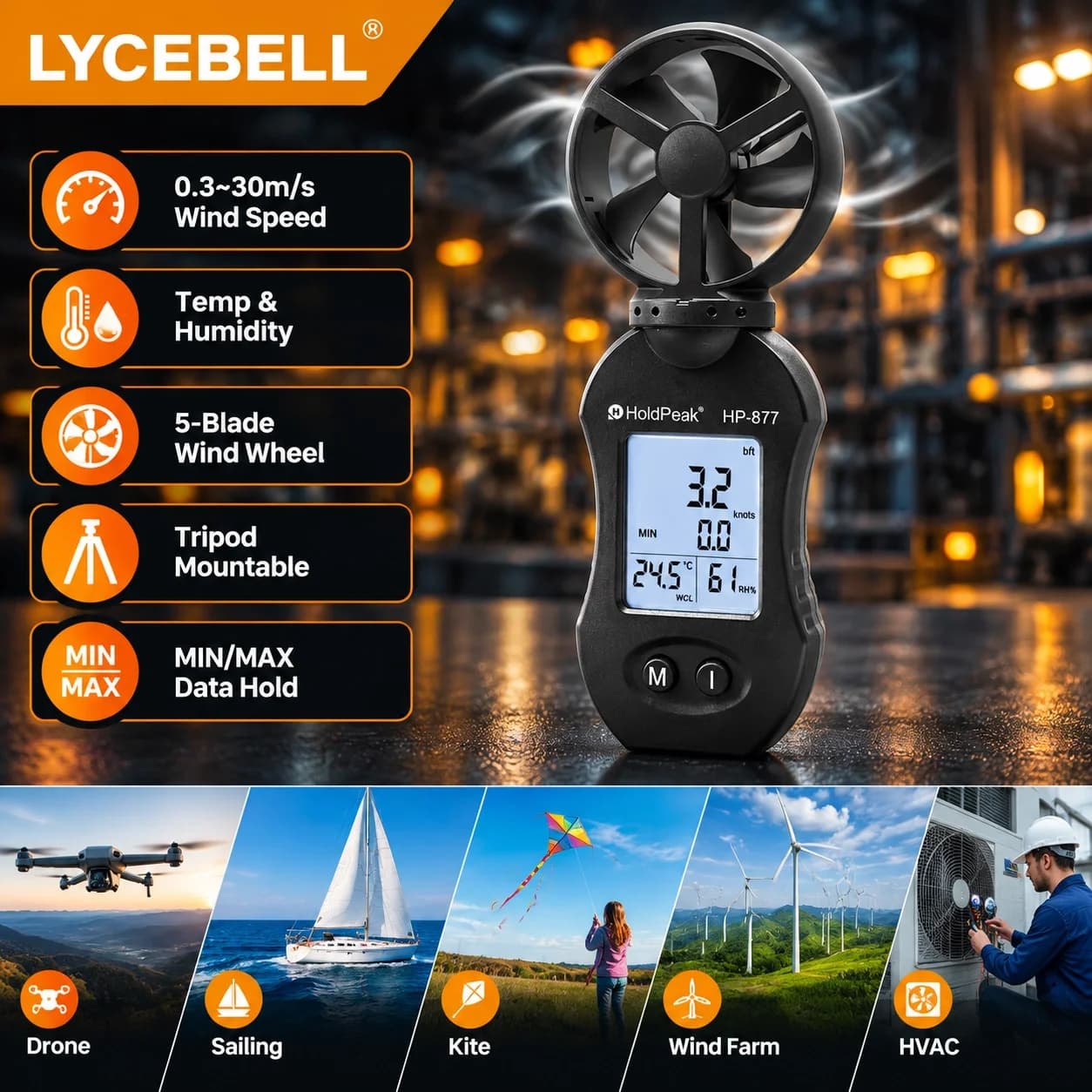 HoldPeak HP-877 5-Blade Anemometer 0.3-30m/s 5 Units MIN/MAX Temp Humidity Tripod Mount for Drone Sailing