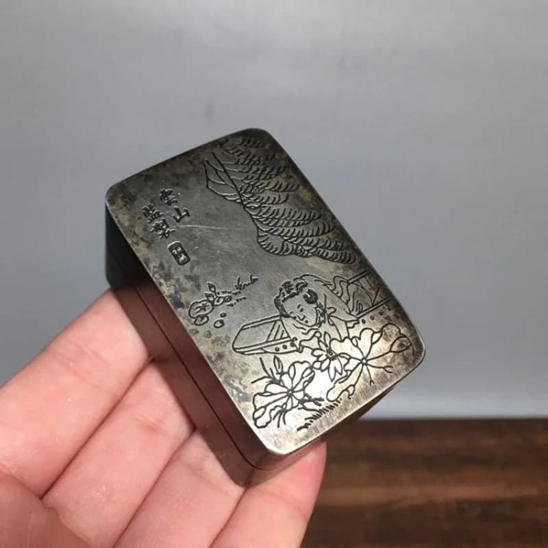 pure white , copper seal , powder , old black , antique collectible, handcrafted ink box supervis